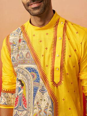 yellow digital print kurta with pyjama - high neck traditional set 2