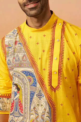 yellow digital print kurta with pyjama - high neck traditional set