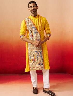 yellow digital print kurta with pyjama - high neck traditional set 3