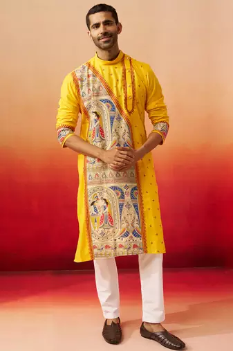 yellow digital print kurta with pyjama - high neck traditional set