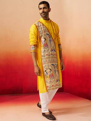 yellow digital print kurta with pyjama - high neck traditional set 4