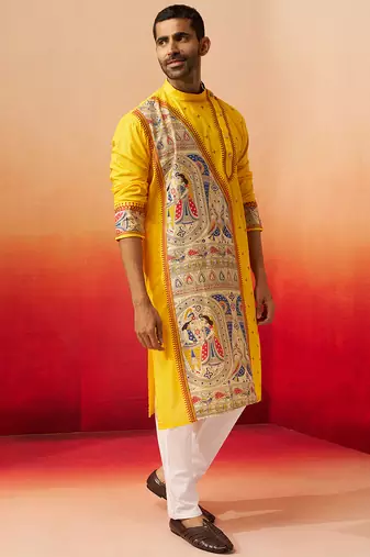 yellow digital print kurta with pyjama - high neck traditional set