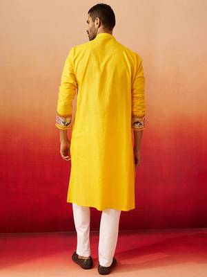 yellow digital print kurta with pyjama - high neck traditional set 5