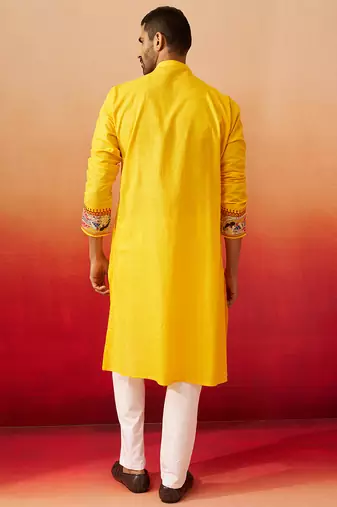 yellow digital print kurta with pyjama - high neck traditional set