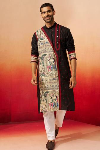 black digital print kurta with pyjama - sophisticated high neck set