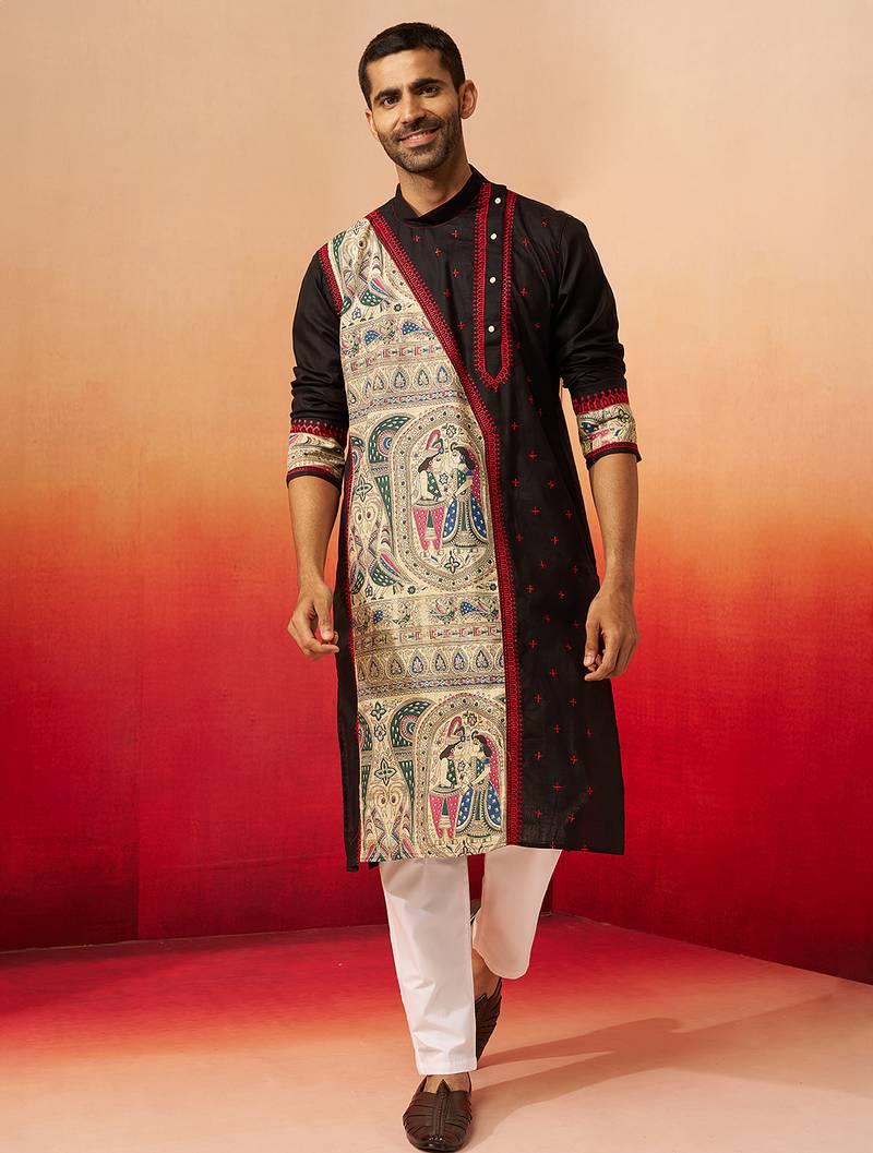 black digital print kurta with pyjama - sophisticated high neck set