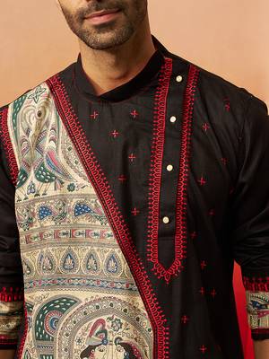 black digital print kurta with pyjama - sophisticated high neck set 2