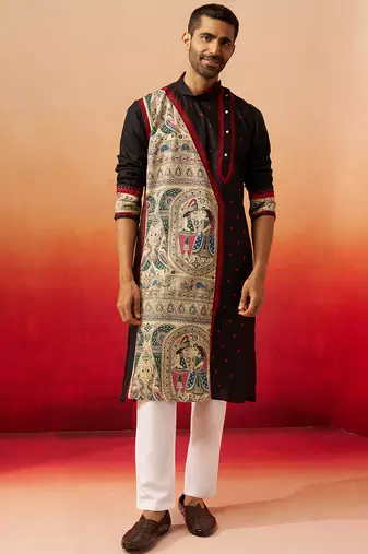 black digital print kurta with pyjama - sophisticated high neck set