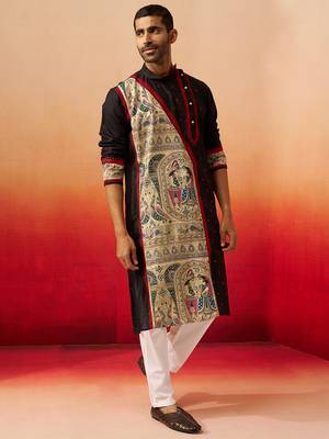 black digital print kurta with pyjama - sophisticated high neck set 4