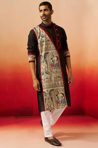 black digital print kurta with pyjama - sophisticated high neck set