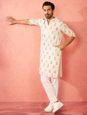 Cream cotton kurta with white pyjama - printed casual set 1