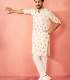 Cream cotton kurta with white pyjama - printed casual set