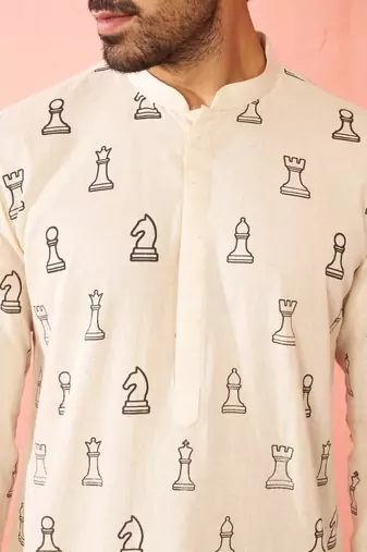 Cream cotton kurta with white pyjama - printed casual set