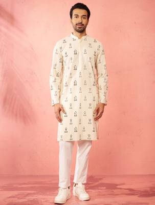 Cream cotton kurta with white pyjama - printed casual set 3