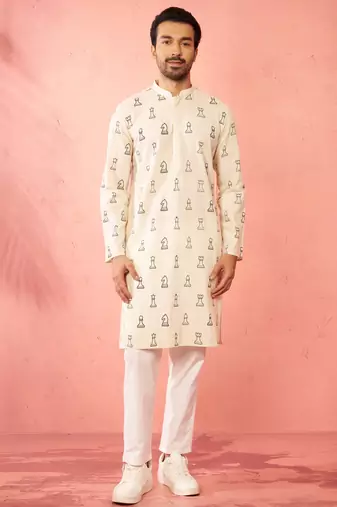 Cream cotton kurta with white pyjama - printed casual set