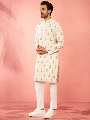 Cream cotton kurta with white pyjama - printed casual set 4