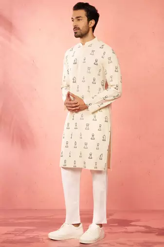 Cream cotton kurta with white pyjama - printed casual set