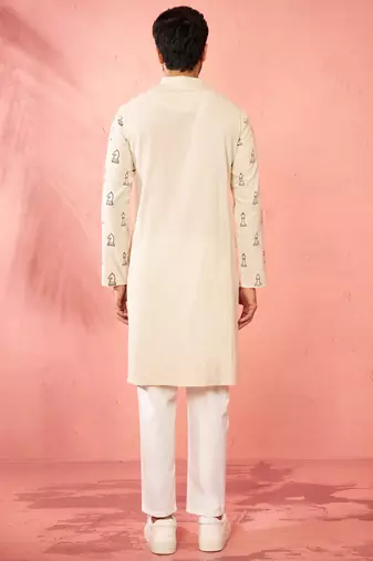 Cream cotton kurta with white pyjama - printed casual set
