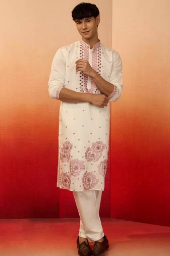 Cream silk blend embroidered kurta with cream pyjama - diwali special set