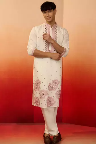 Cream silk blend embroidered kurta with cream pyjama - diwali special set