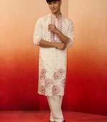 Cream silk blend embroidered kurta with cream pyjama - diwali special set