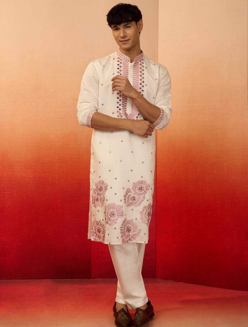 Cream silk blend embroidered kurta with cream pyjama - diwali special set