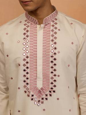 Cream silk blend embroidered kurta with cream pyjama - diwali special set 2