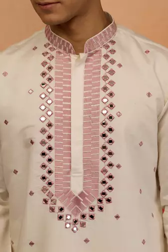 Cream silk blend embroidered kurta with cream pyjama - diwali special set