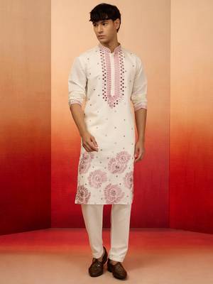 Cream silk blend embroidered kurta with cream pyjama - diwali special set 3