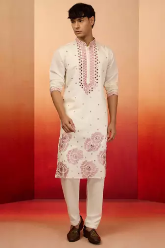 Cream silk blend embroidered kurta with cream pyjama - diwali special set