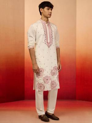 Cream silk blend embroidered kurta with cream pyjama - diwali special set 4