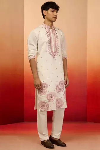 Cream silk blend embroidered kurta with cream pyjama - diwali special set