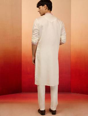 Cream silk blend embroidered kurta with cream pyjama - diwali special set 5