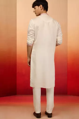 Cream silk blend embroidered kurta with cream pyjama - diwali special set