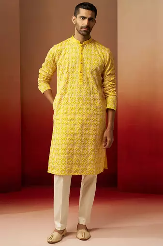 yellow thread embroidered kurta with pyjama - bright geometric set