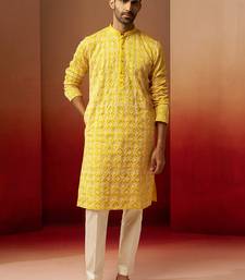 yellow thread embroidered kurta with pyjama - bright geometric set