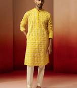 yellow thread embroidered kurta with pyjama - bright geometric set