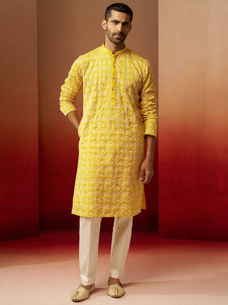 yellow thread embroidered kurta with pyjama - bright geometric set