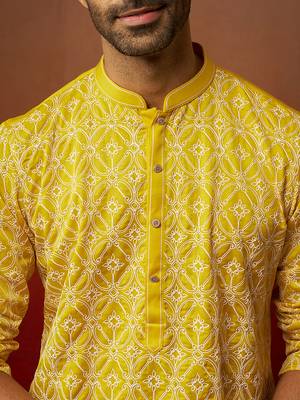 yellow thread embroidered kurta with pyjama - bright geometric set 2