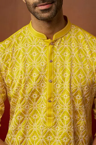 yellow thread embroidered kurta with pyjama - bright geometric set