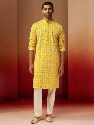 yellow thread embroidered kurta with pyjama - bright geometric set 3
