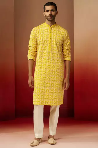 yellow thread embroidered kurta with pyjama - bright geometric set