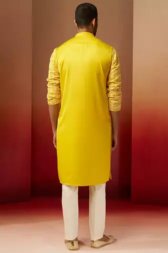 yellow thread embroidered kurta with pyjama - bright geometric set