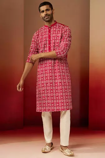 red linen silk kurta with cream pants - designer set