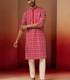 red linen silk kurta with cream pants - designer set
