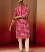 red linen silk kurta with cream pants - designer set