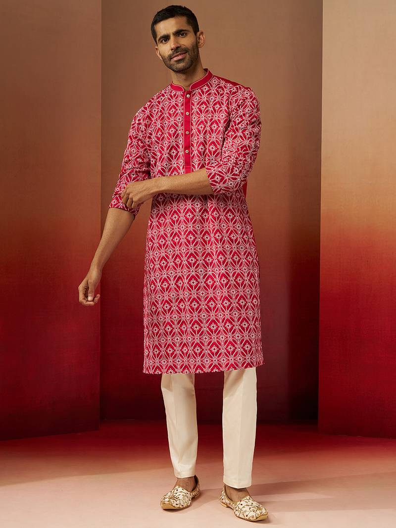 red linen silk kurta with cream pants - designer set