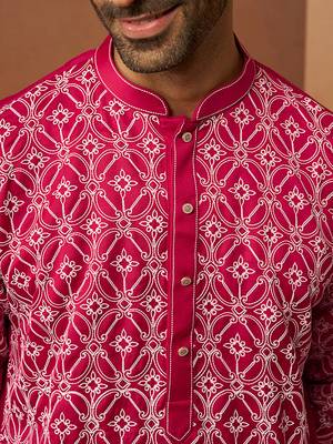 red linen silk kurta with cream pants - designer set 2