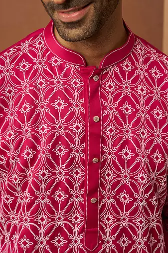 red linen silk kurta with cream pants - designer set