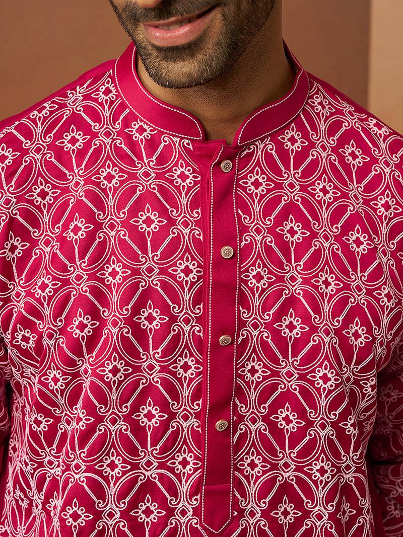 red linen silk kurta with cream pants - designer set
